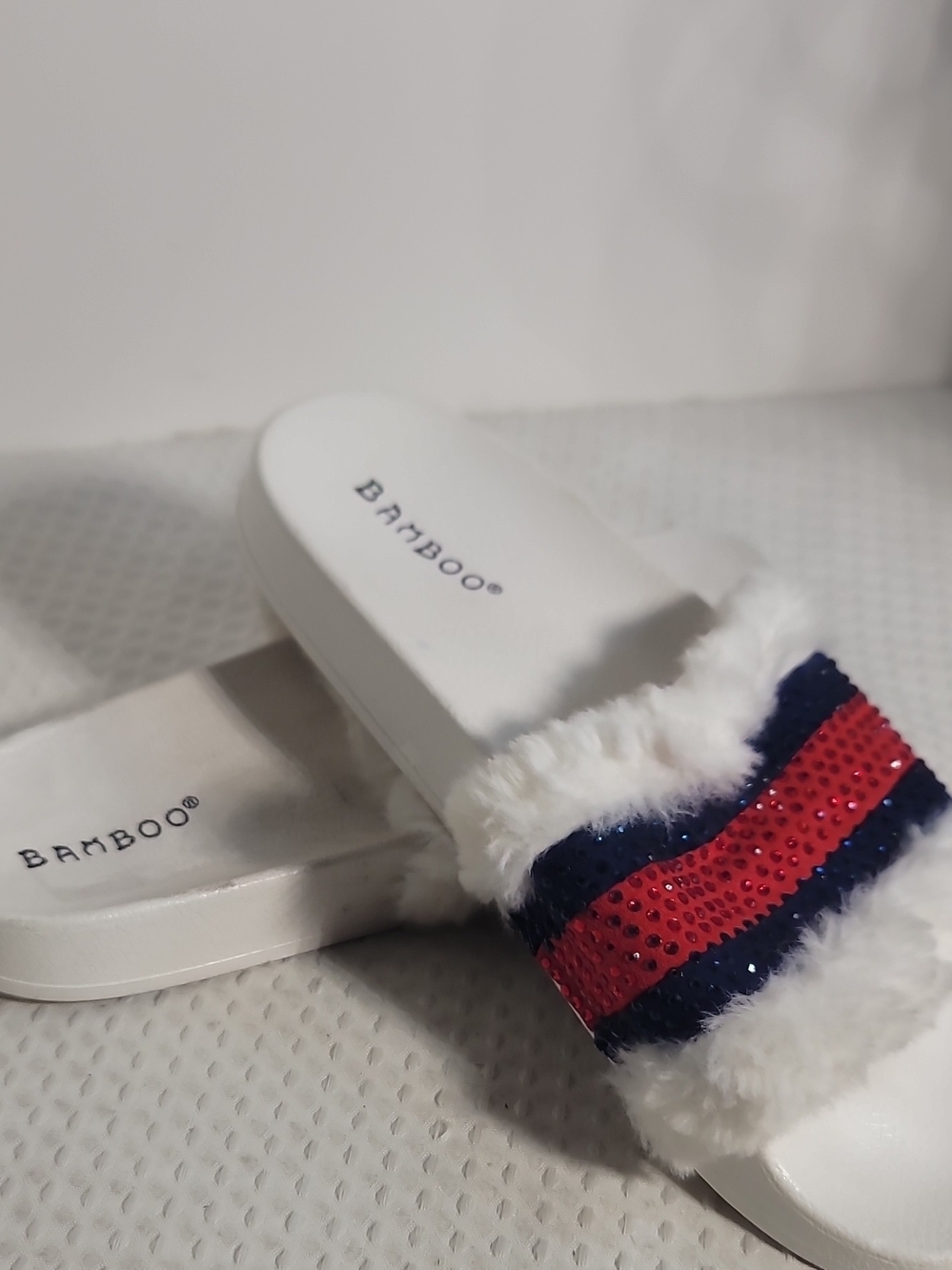Bamboo White Faux Fur Slide Sandals with Red & Navy Stripes